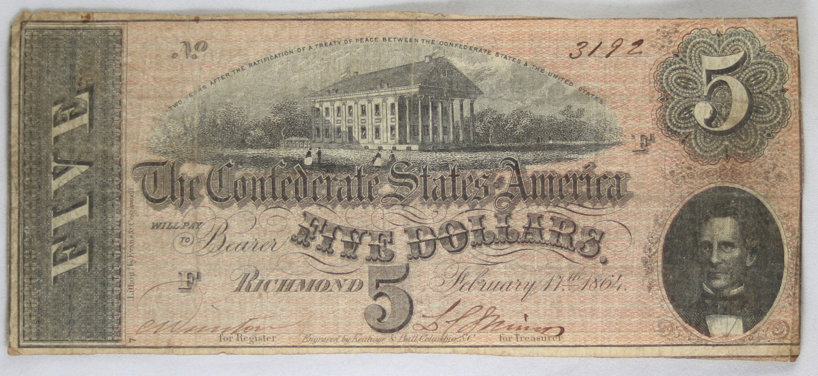 1864 Confederate States of America $5 Richmond Virginia