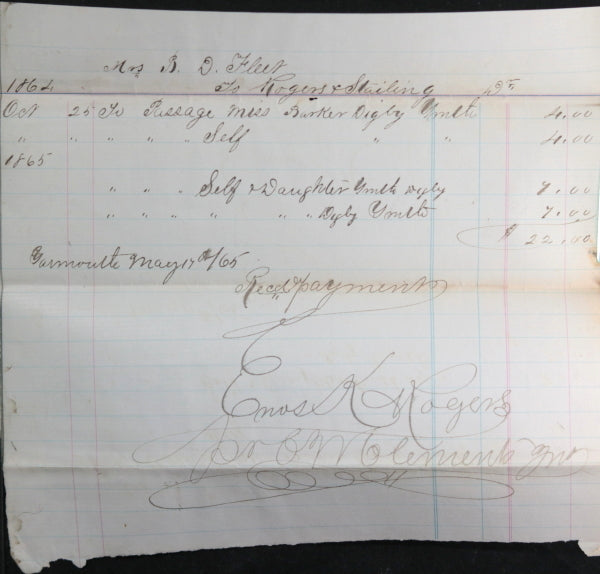 1865 colonial Nova Scotia, receipt for travel between Digby and Yarmouth