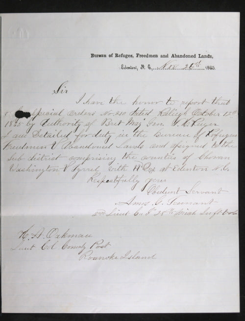 1865 letter concerning the Freedmen Bureau (Civil War), North Carolina