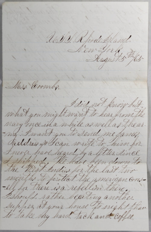1865 letter from sailor on board USS Rhode Island - rebellion!