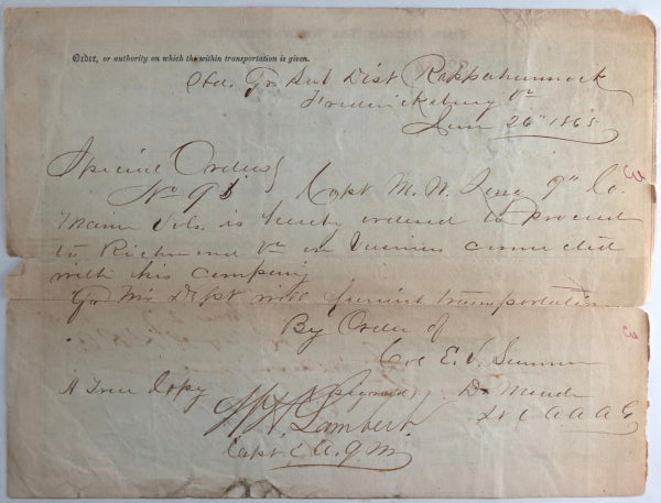 1865 post Civil War Railway Order of Transportation, Fredericksburg VA