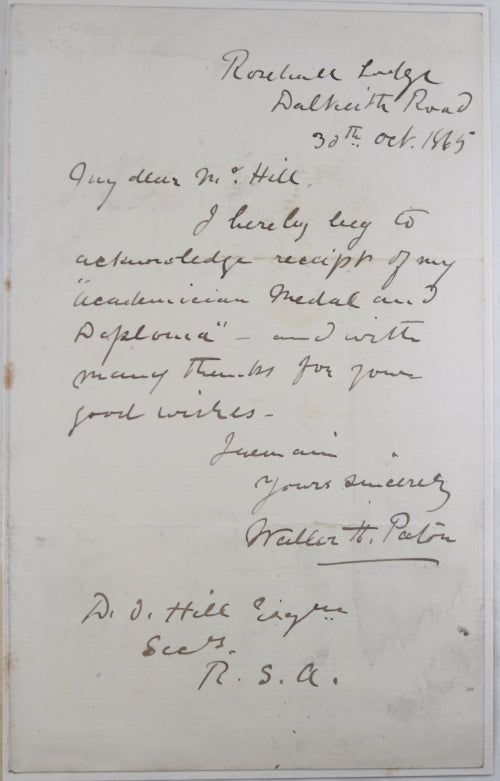 1865 signed letter from Scottish painter Waller Hugh Paton