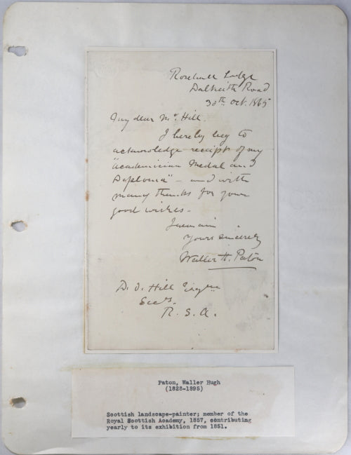 1865 signed letter from Scottish painter Waller Hugh Paton