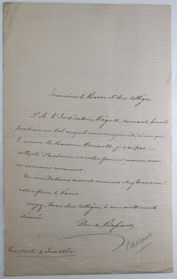 1865 lettre duc de Bassano au Baron Renault, bal de l’Impératrice
