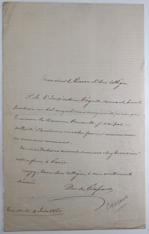 1865 lettre duc de Bassano au Baron Renault, bal de l’Impératrice