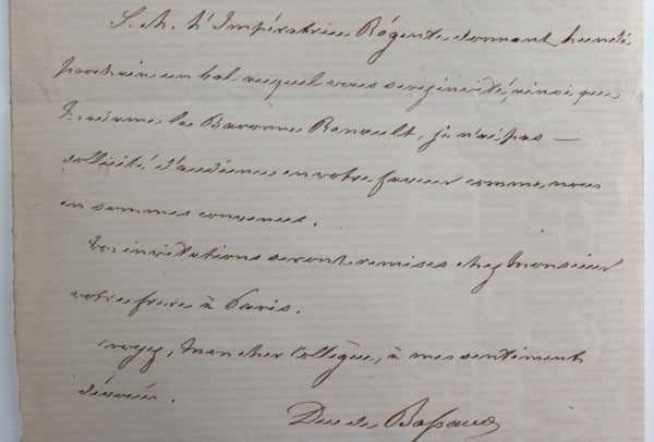 1865 lettre duc de Bassano au Baron Renault, bal de l’Impératrice