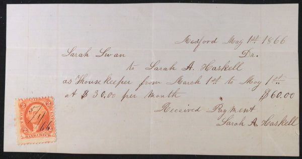 1866 USA Medford (MA) payment receipt from housekeeper for wages