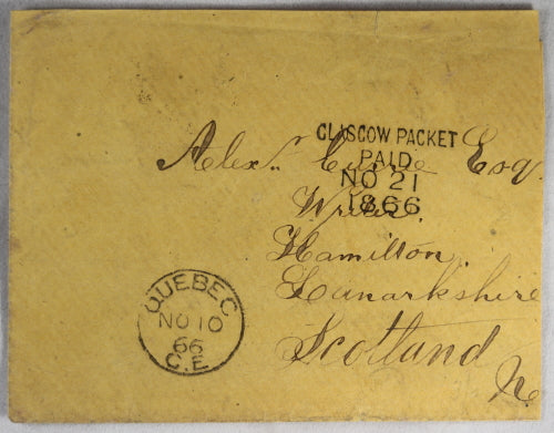 1866 philatelic cover ‘GLASGOW PACKET PAID 1866’ from Quebec Canada