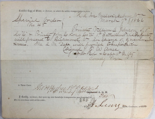 1866 post Civil War Railway Order of Transportation, Fredericksburg VA