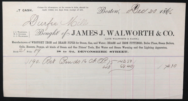 1866 receipt from Walworth & Co. metal works, Boston MA