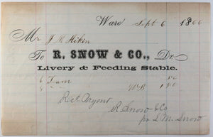 1866 receipt from R. Snow Co., Ware MA, livery