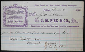 1867-69 payment receipts, advertising in newspaper Palmer MA