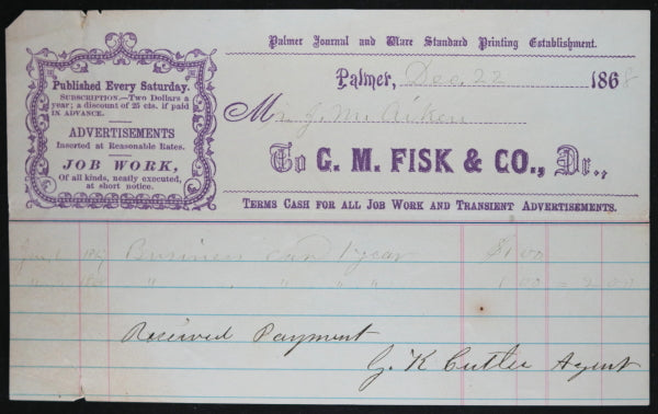 1867-69 payment receipts, advertising in newspaper Palmer MA