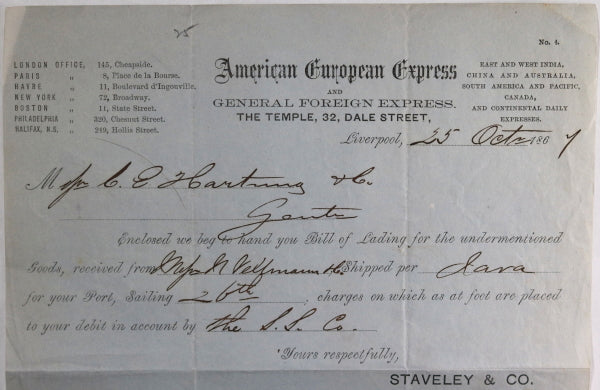 1867 Liverpool UK bill of lading American European Express