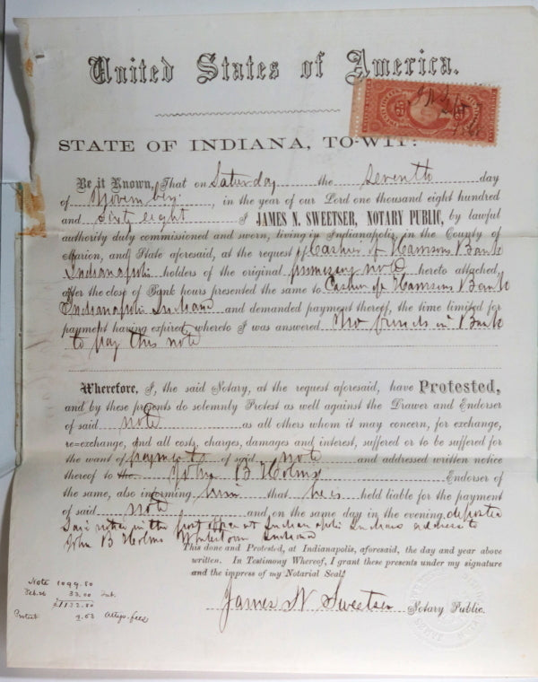 1868 Indianapolis notary ‘Protest’ Harrison’s Bank, insufficient funds