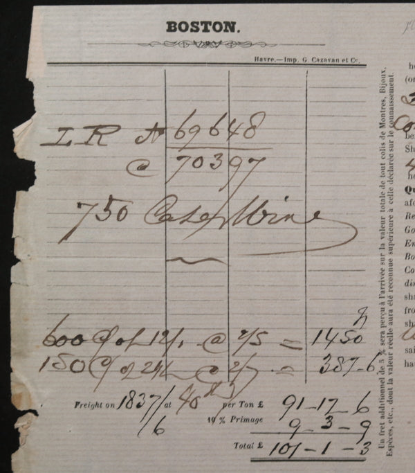 1868 Steamship bill of lading champagne France to Boston via Liverpool