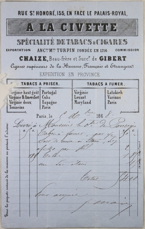 1868 facture de Paris ‘A la Civette’, tabac pour Comte de Poncins