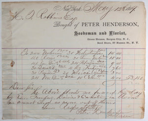 1869 NYC,  invoice from Henderson  - Seedman and Florist