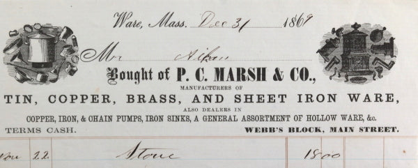 1869 bill of purchase of stove with letterhead, Ware MA