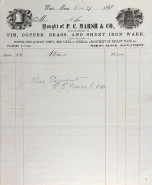 1869 bill of purchase of stove with letterhead, Ware MA