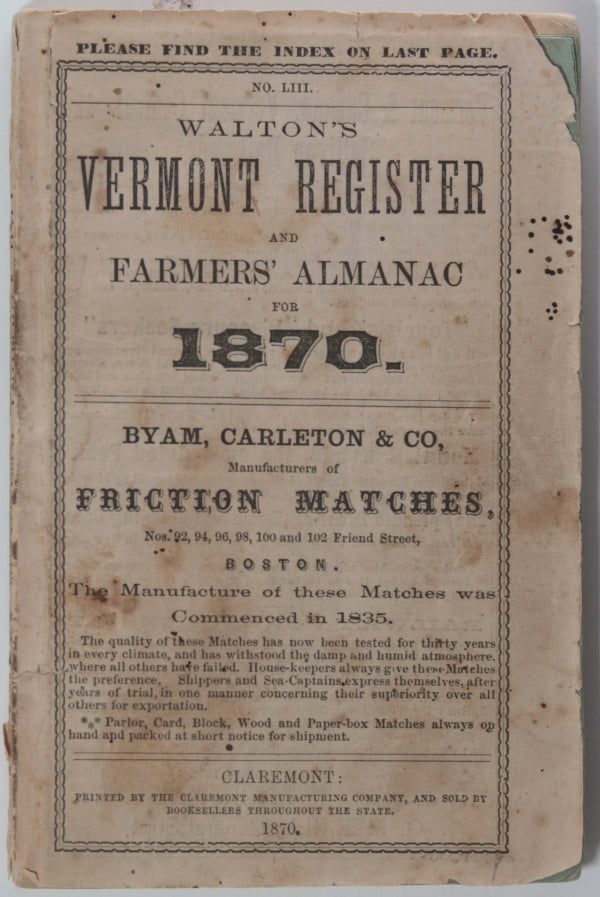 1870 Walton’s Vermont Register and Farmers' Almanac + map