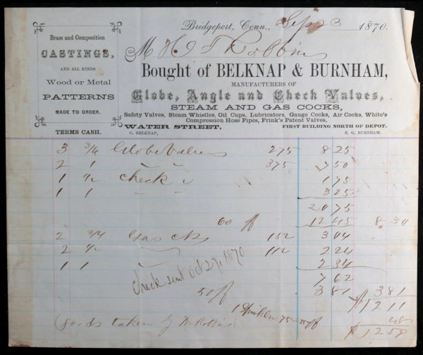 1870 Bridgeport Conn., two invoices steam & gas industrial supplies