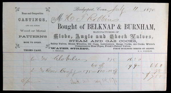 1870 Bridgeport Conn., two invoices steam & gas industrial supplies
