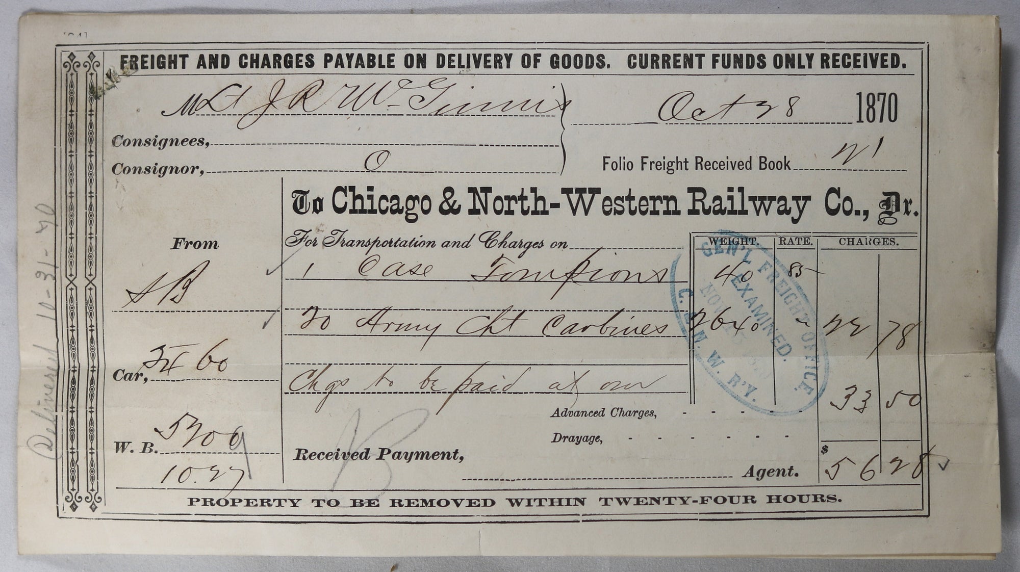 1870 Chicago & NW railway reeipt for military supplies, Indian Wars