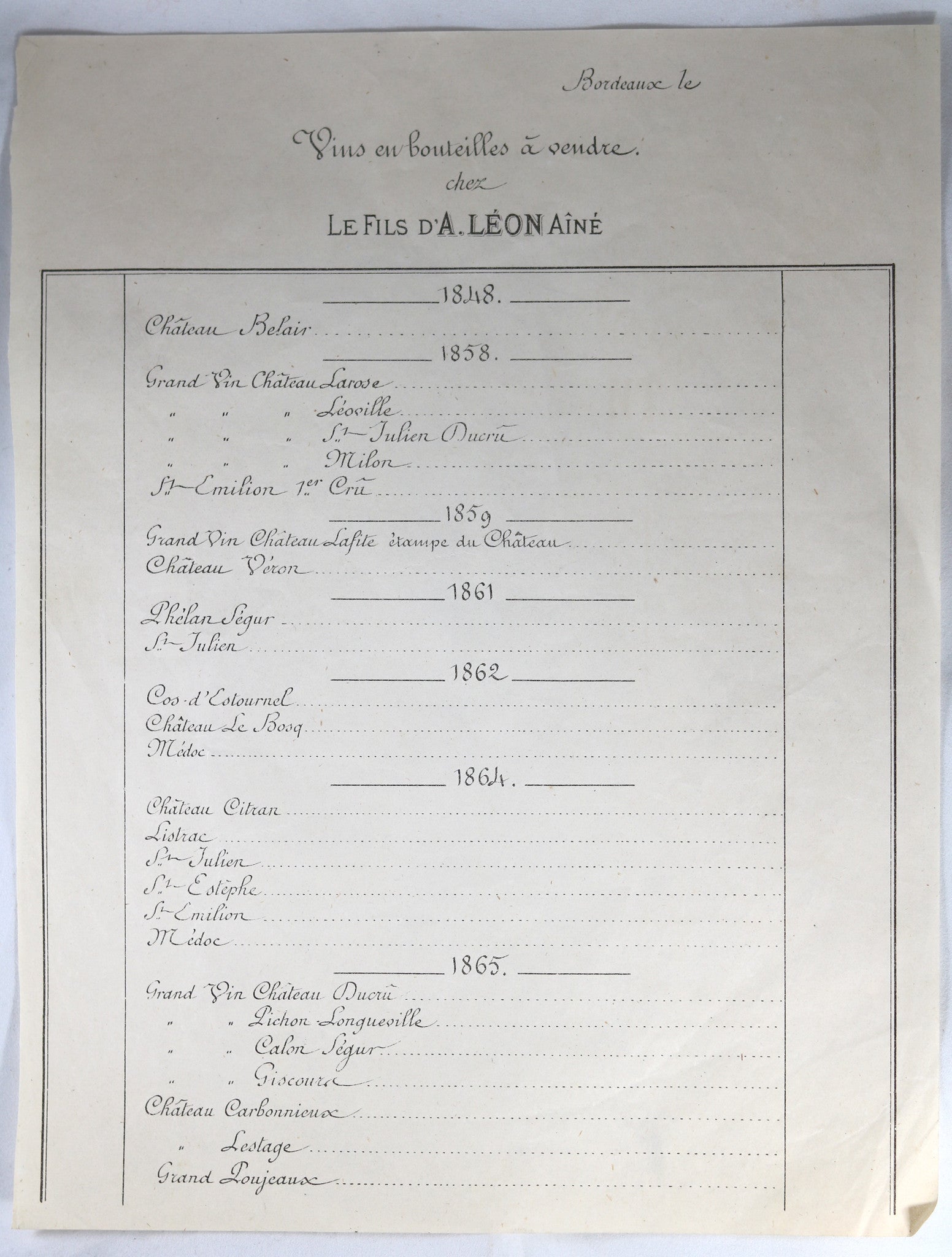 @1870 Le Fils d’A. Léon Aîné Bordeaux (vins) Prix-Courant