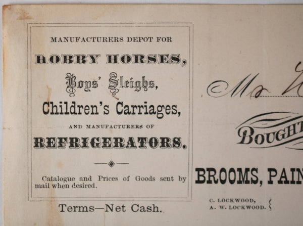 1870 New York City invoice Lockwood & Co brooms, pails, willow ware