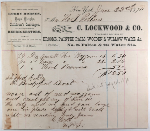 1870 New York City invoice Lockwood & Co brooms, pails, willow ware