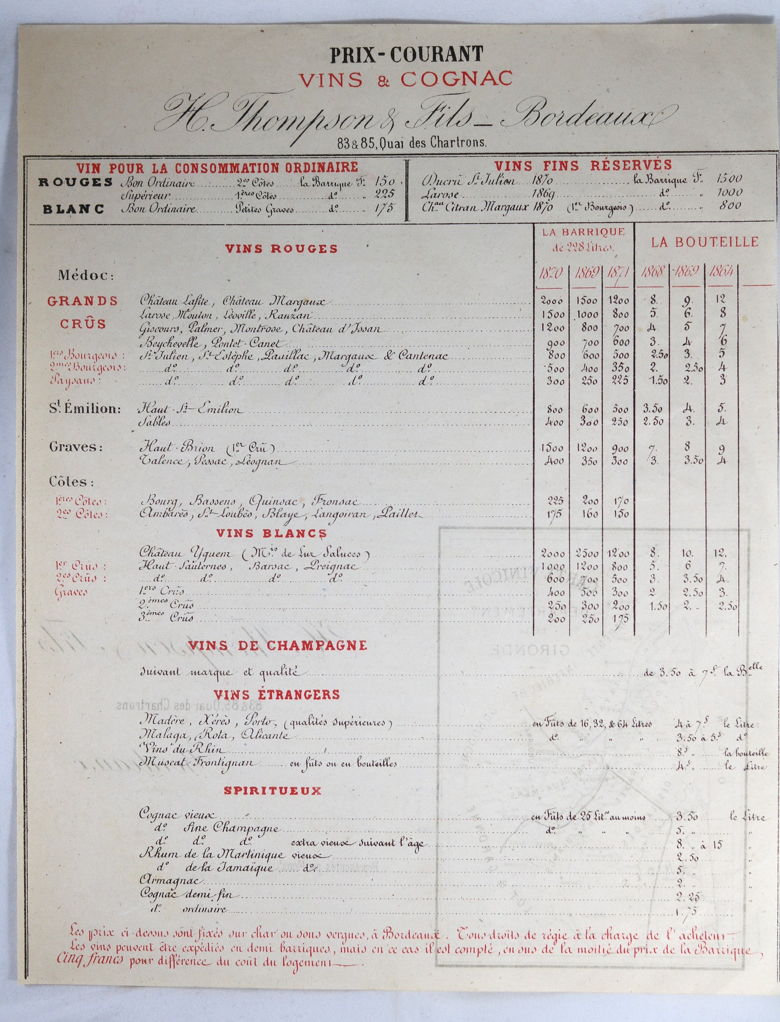 @1871 H. Thompson & Fils Bordeaux (vins) Prix-Courant