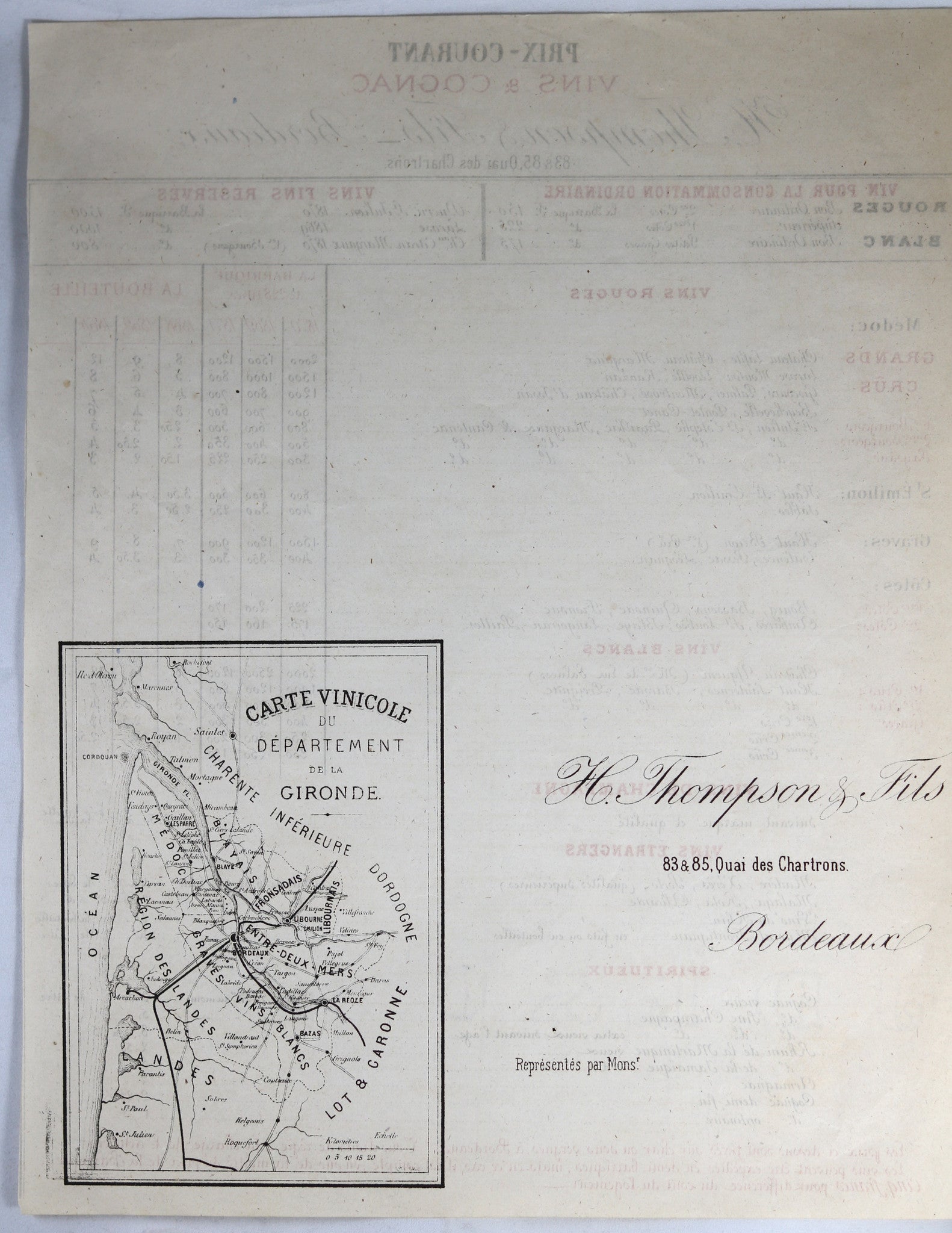 @1871 H. Thompson & Fils Bordeaux (vins) Prix-Courant