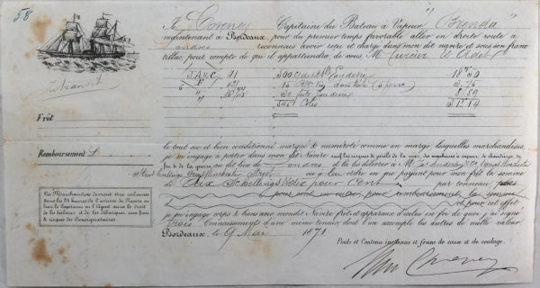 1871 connaissements maritime transport eau-de-vie... Bordeaux-Londres