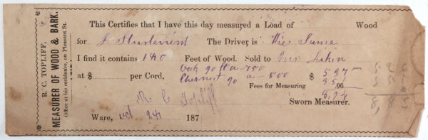 1871 receipt from Measurer of Wood & Bark, Ware MA