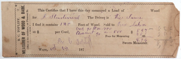 1871 receipt from Measurer of Wood & Bark, Ware MA