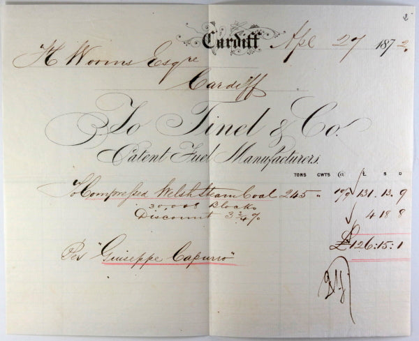 1872 Cardiff Wales, receipt purchase of Welsh Steam Coal (maritime)