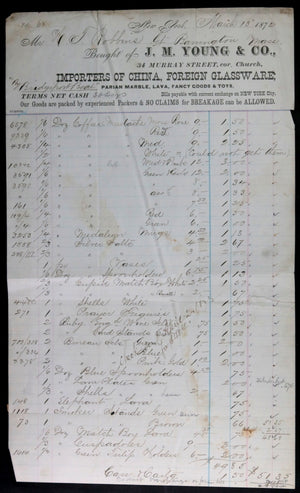1872 NYC invoice J. M. Young & Co. importers of china and glassware