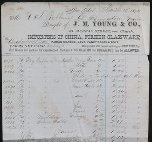 1872 NYC invoice J. M. Young & Co. importers of china and glassware