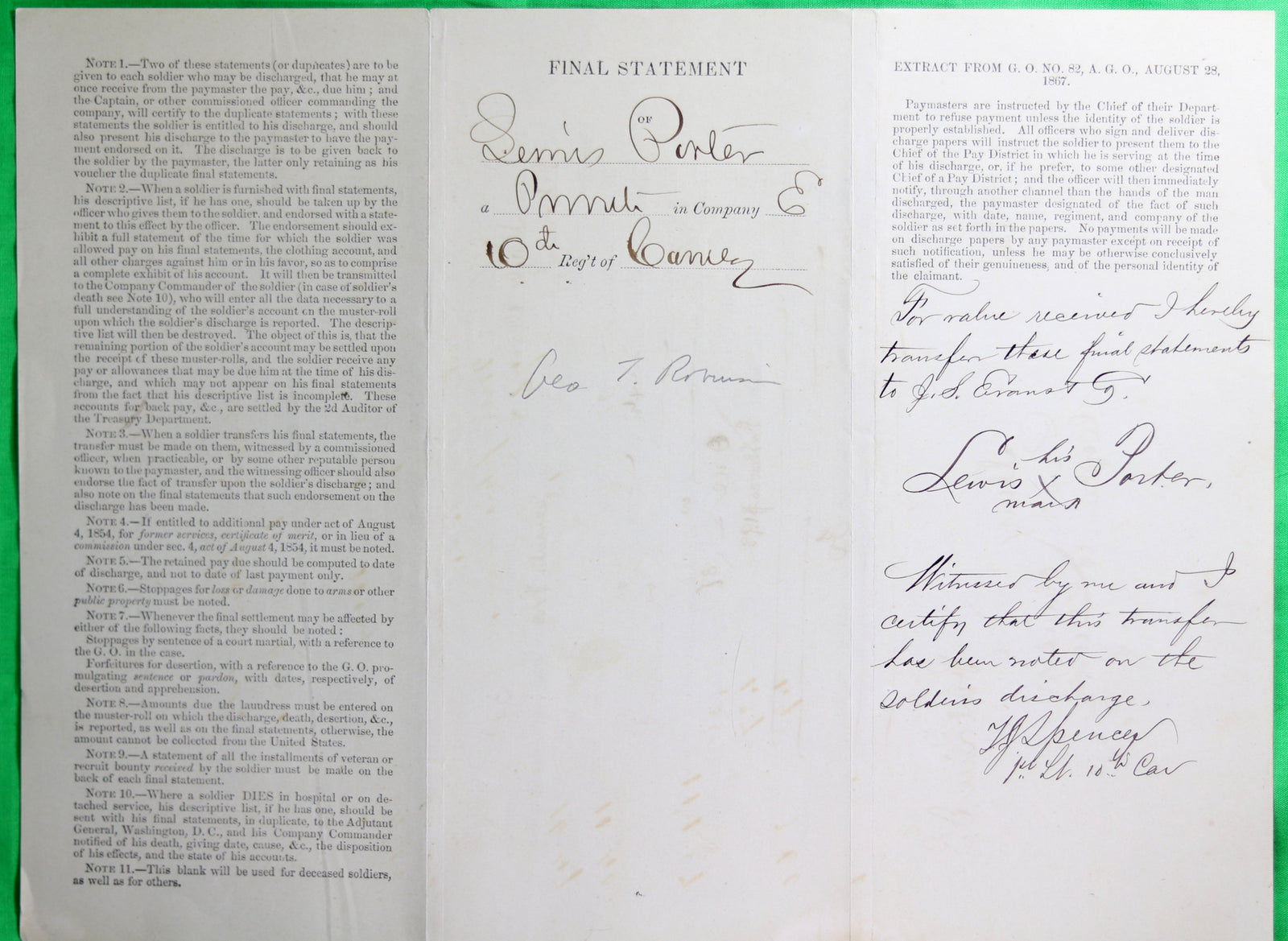 1872 discharge for 'Buffalo Soldier' 10th US Cavalry Fort Sill (Indian Territory)