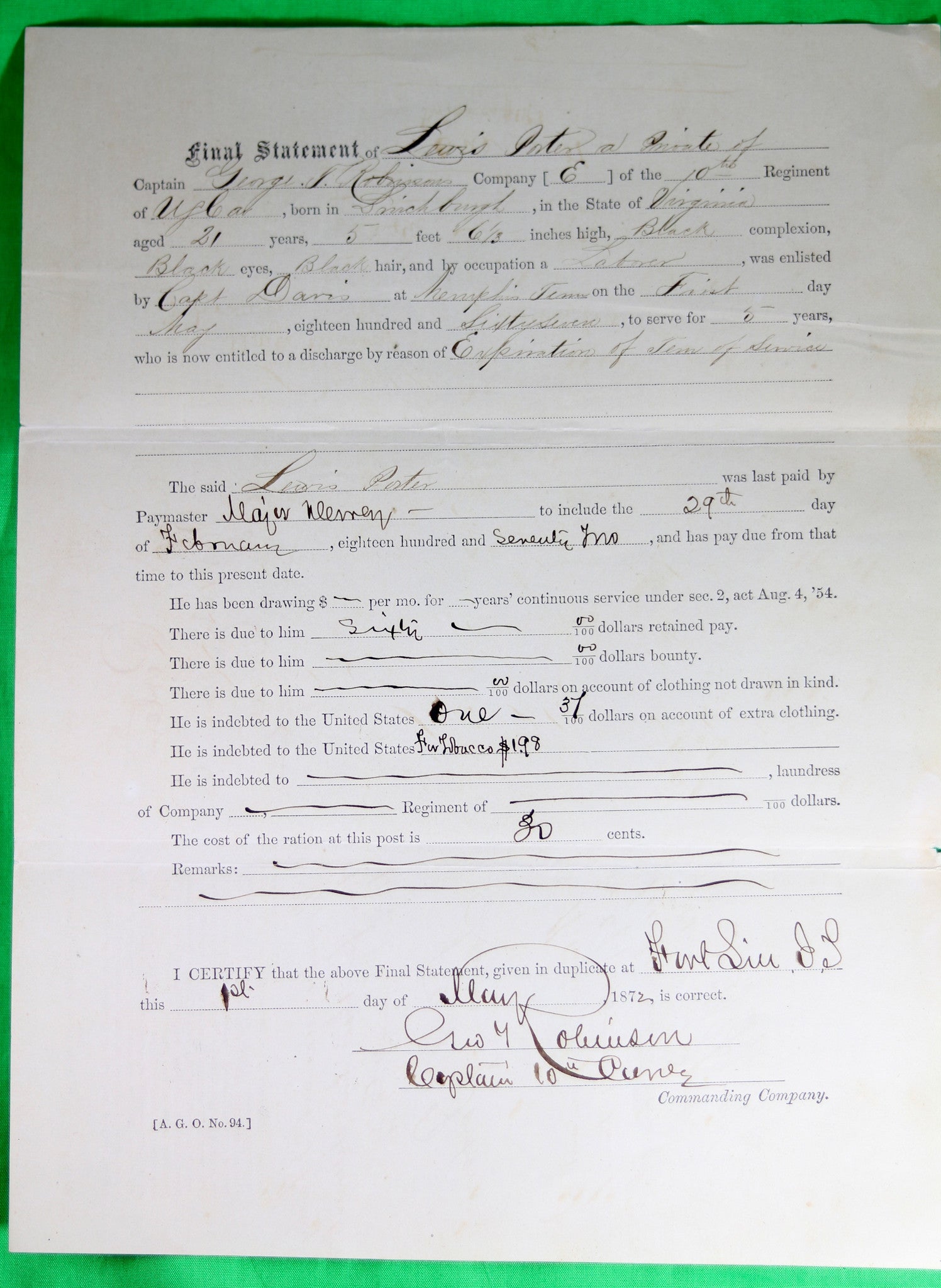 1872 discharge for 'Buffalo Soldier' 10th US Cavalry Fort Sill (Indian Territory)