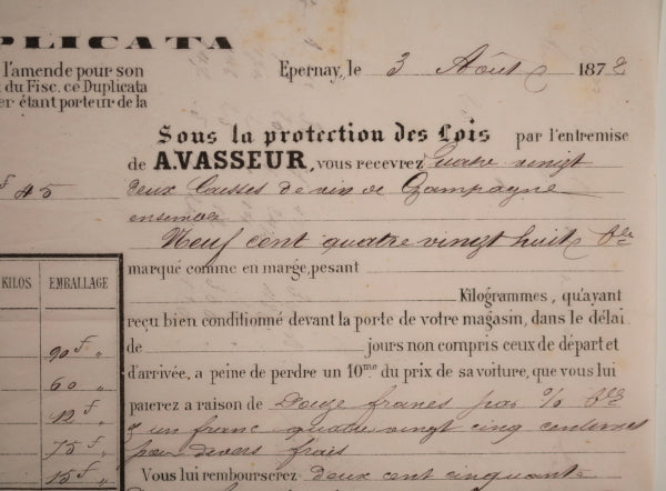 1872 maritime bill of transport for Champagne, France to UK/ Australia