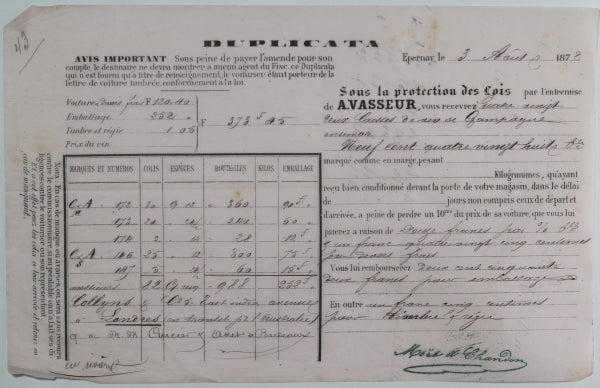 1872 maritime bill of transport for Champagne, France to UK/ Australia