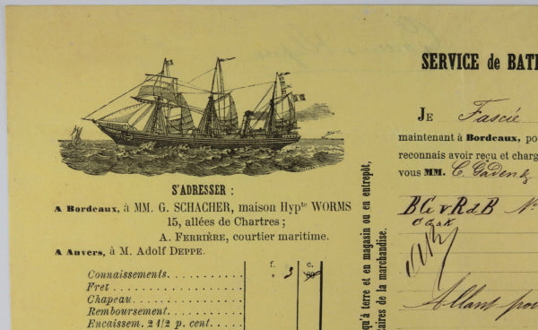 1873 connaissement maritime, transport de vin de Bordeaux à Anvers 1873 connaissement maritime, transport de vin de Bordeaux à Anvers