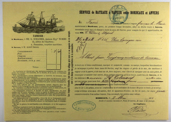 1873 connaissement maritime, transport de vin de Bordeaux à Anvers