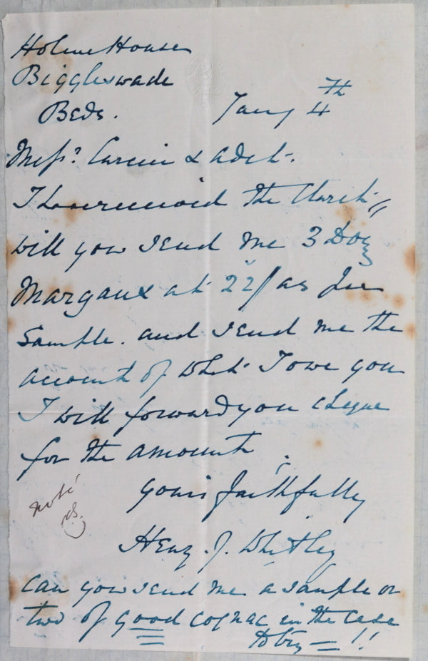 1874 Biggleswade (Bedfordshire) UK order Bordeaux wine from merchant