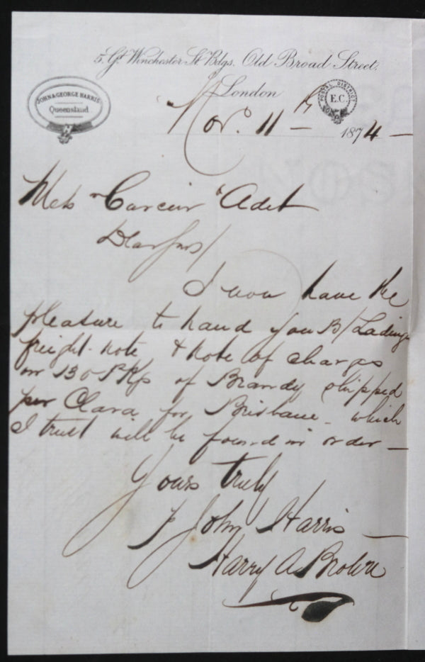 1874 London UK, letter regarding shipping brandy to Brisbane Australia