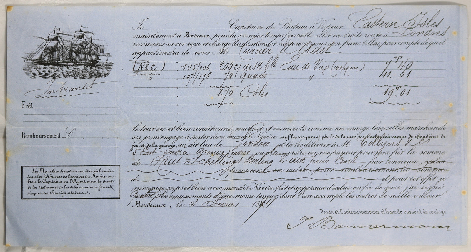 1874 connaissement maritime, transport eau-de-vie Bordeaux à Londres