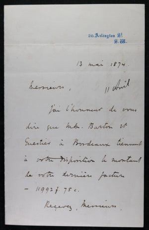 1874 letter 3rd Marquess of Salisbury to wine merchant in France