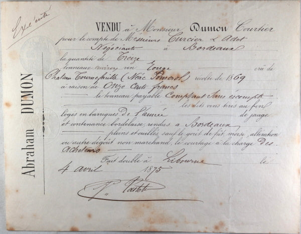 1875 Libourne, achat de 13 tonneaux vin rouge Château Tournefeuille